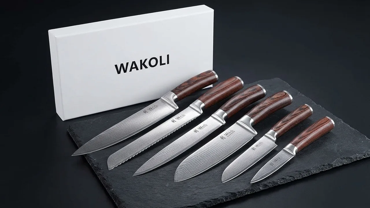 Juego WAKOLI EDIB de seis cuchillos damasco junto a su caja de regalo blanca con el logo de la marca
