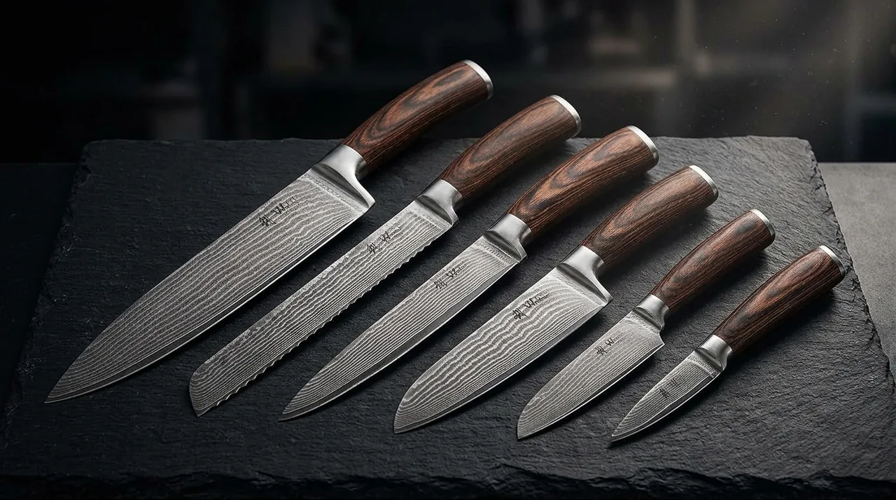 WAKOLI EDIB Juego 6 Cuchillos Damasco (Chef 20 + Pan 20 + Jamonero 18 + Santoku 17 + Santoku peq 12 + Puntilla 8)