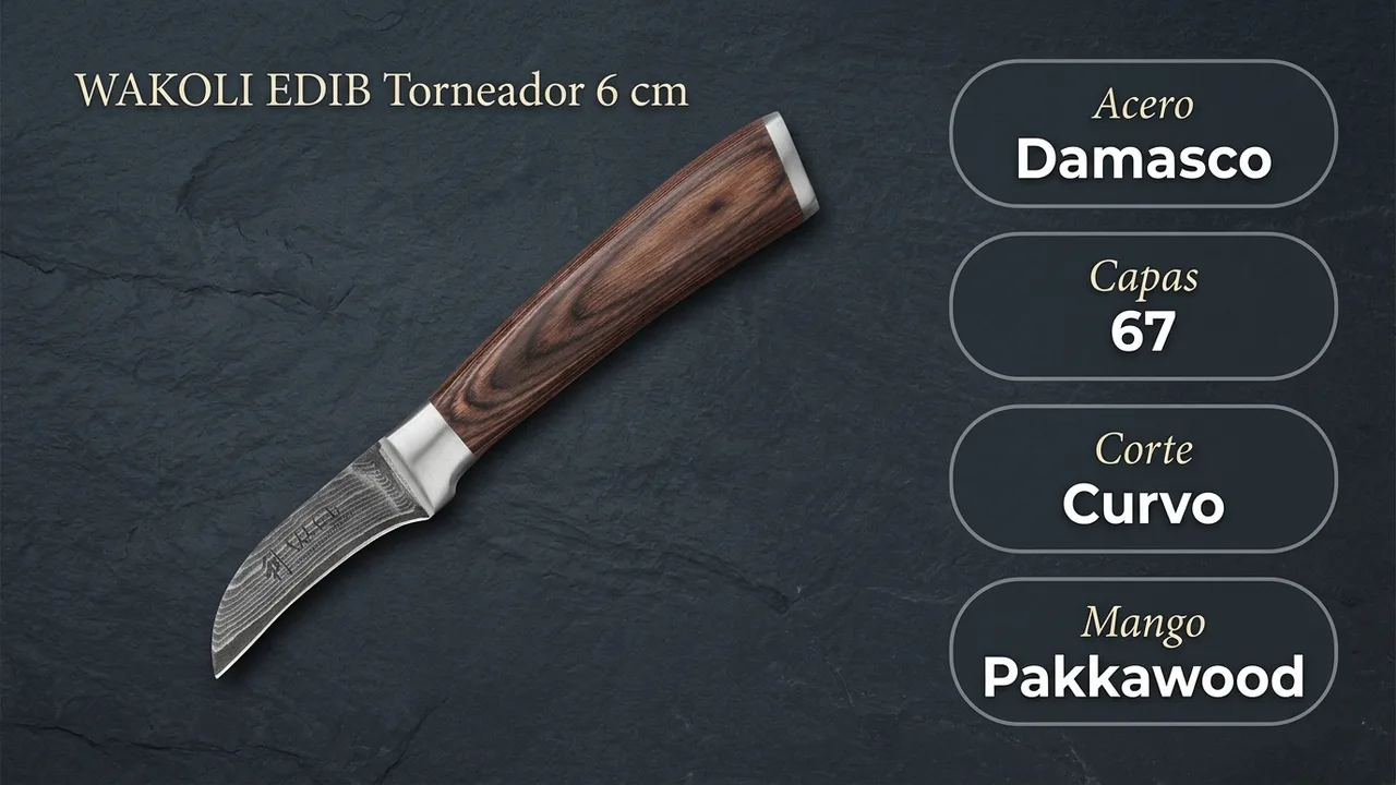 Datos del torneador WAKOLI EDIB: acero damasco de 67 capas, hoja curva y mango de pakkawood