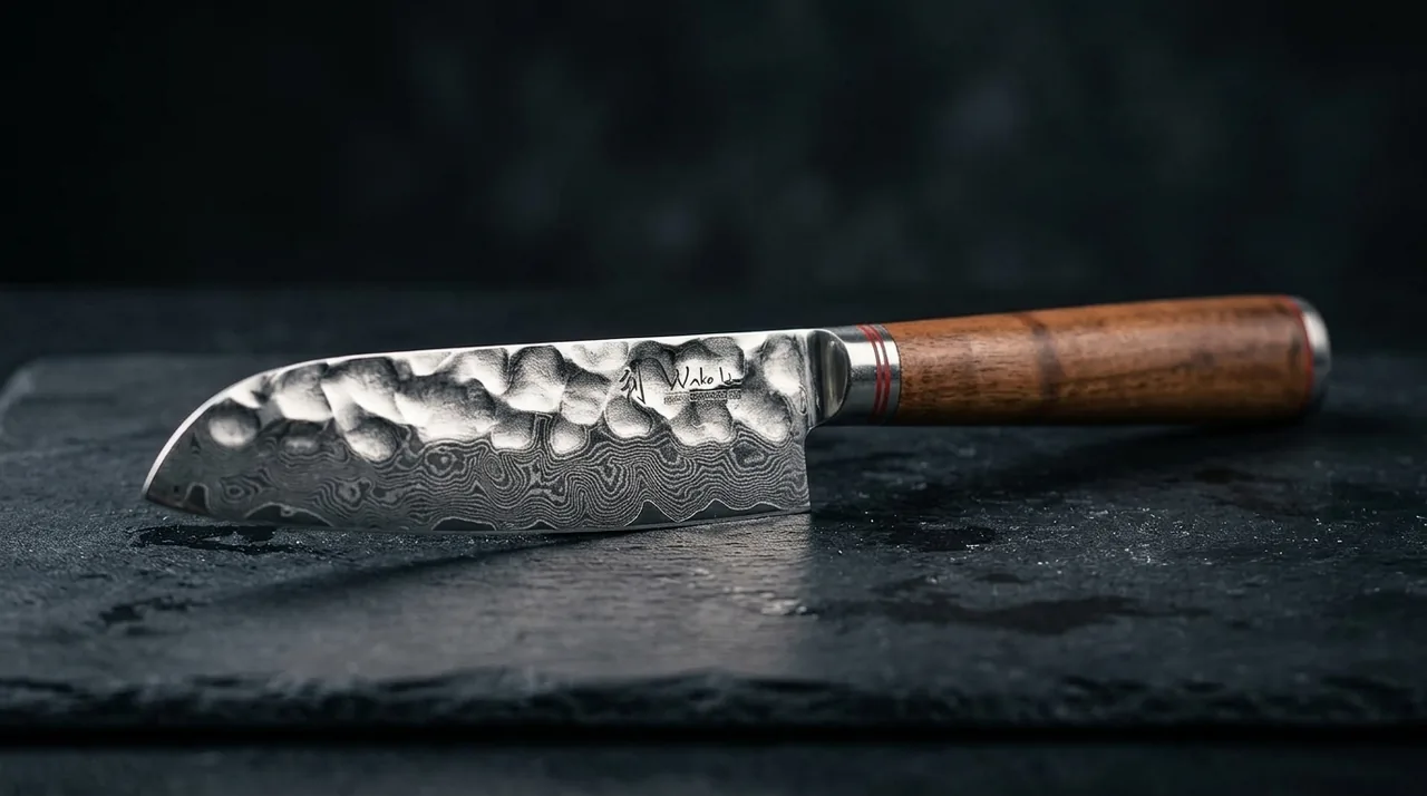 Cuchillo Santoku Wakoli nogal damasco VG10 con madera de nogal