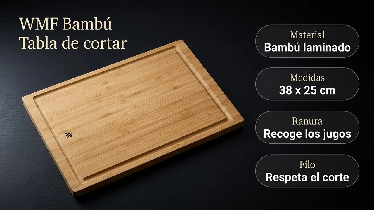 Datos de la tabla WMF: bambú laminado de 38 por 25 cm con ranura perimetral que recoge los jugos y respeta el filo