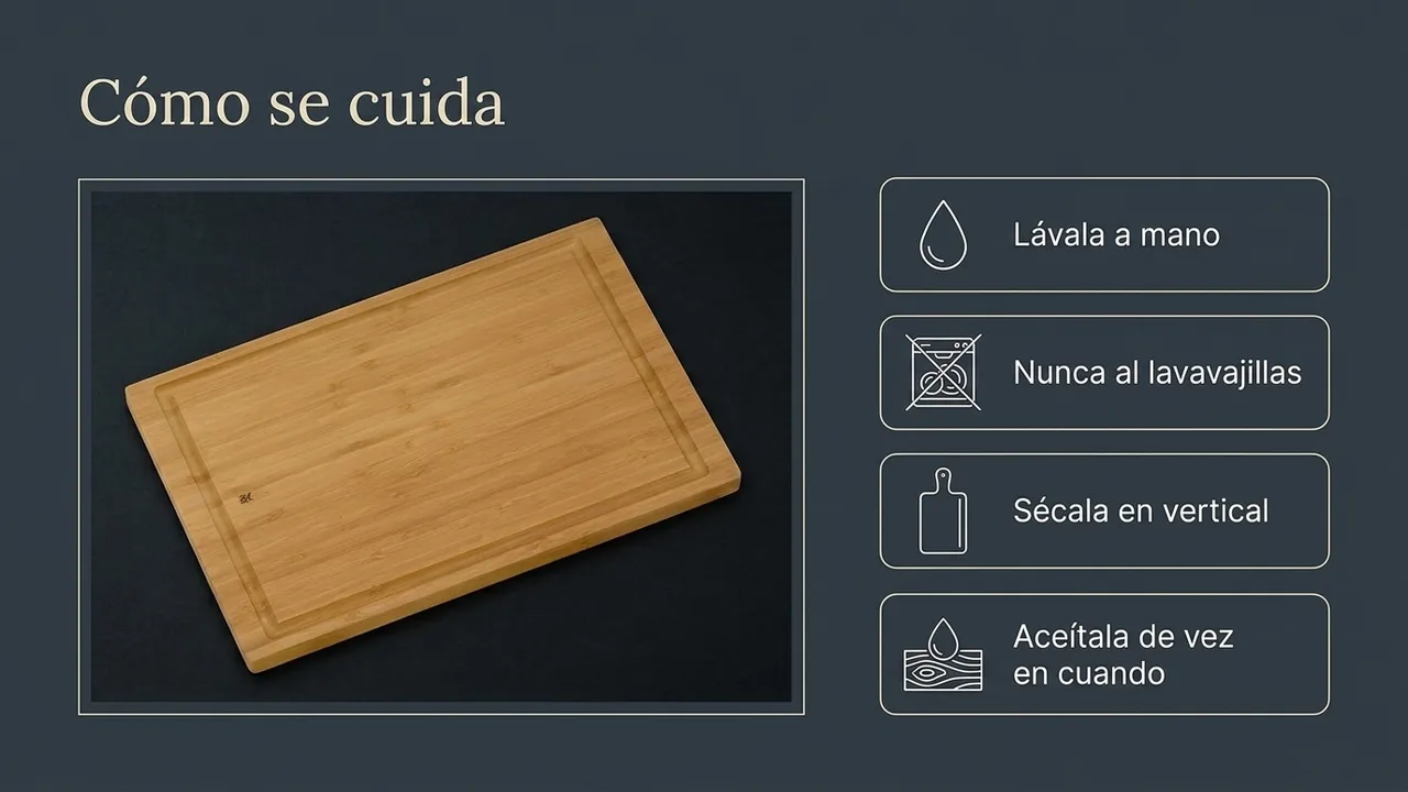 Cómo se cuida la tabla WMF de bambú: lavarla a mano, nunca al lavavajillas, secarla en vertical y aceitarla de vez en cuando