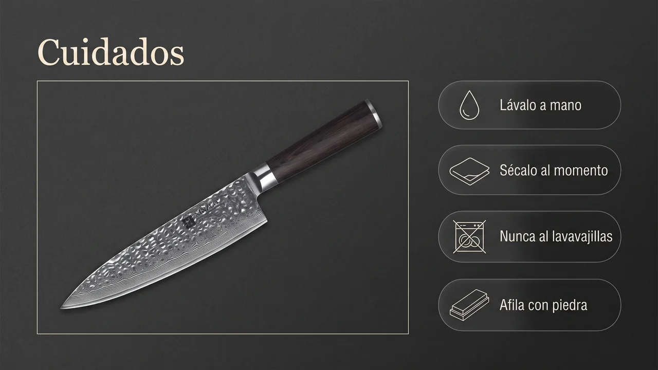 Cuidados del chef XINZUO He: lavado a mano, secado inmediato, nunca al lavavajillas y afilado con piedra