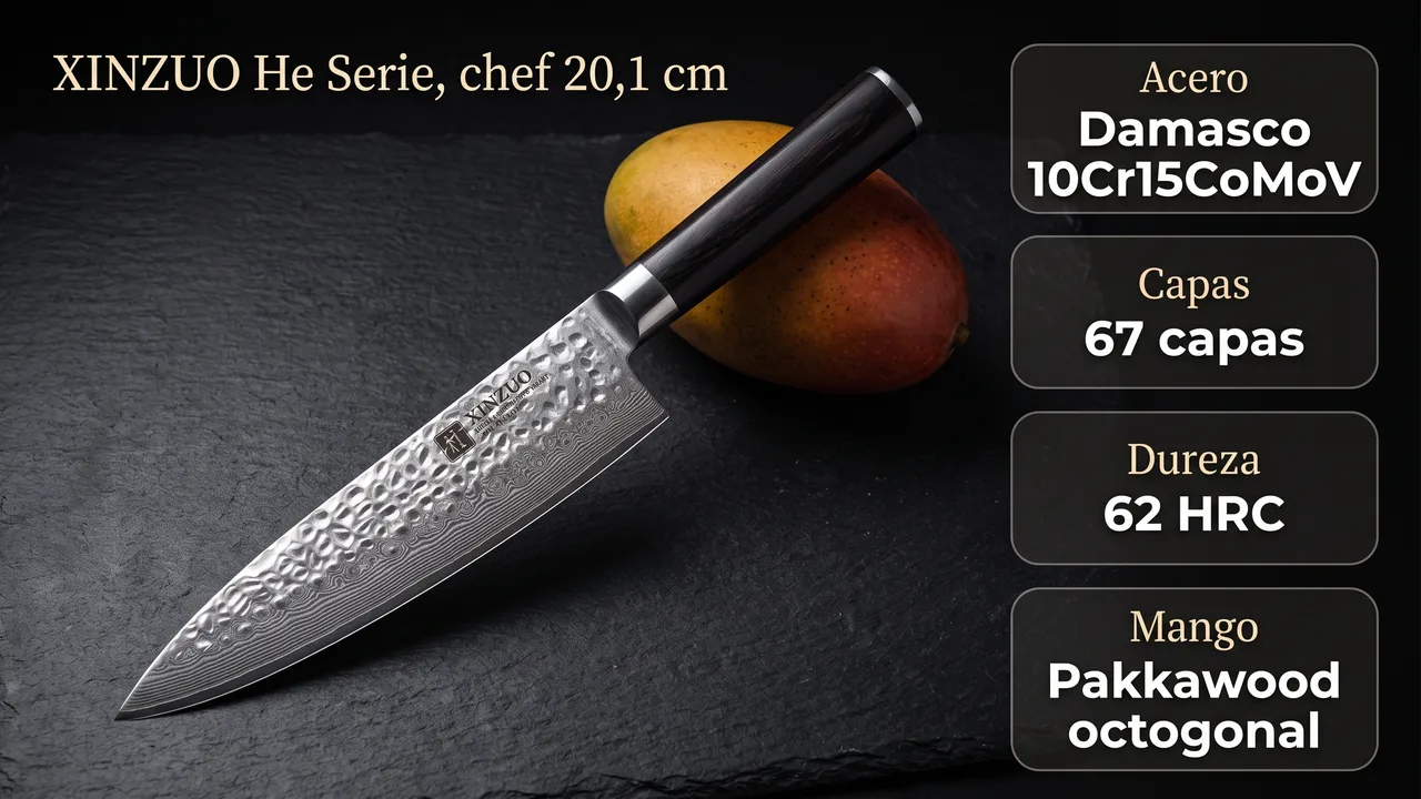 Ficha tecnica del chef XINZUO He: damasco 10Cr15CoMoV de 67 capas, 62 HRC y mango octogonal de pakkawood