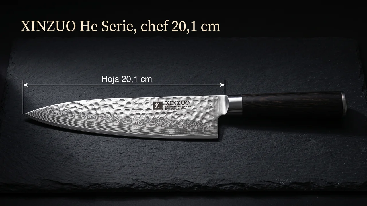 Medida del chef XINZUO He: hoja de damasco martillado de 20,1 cm