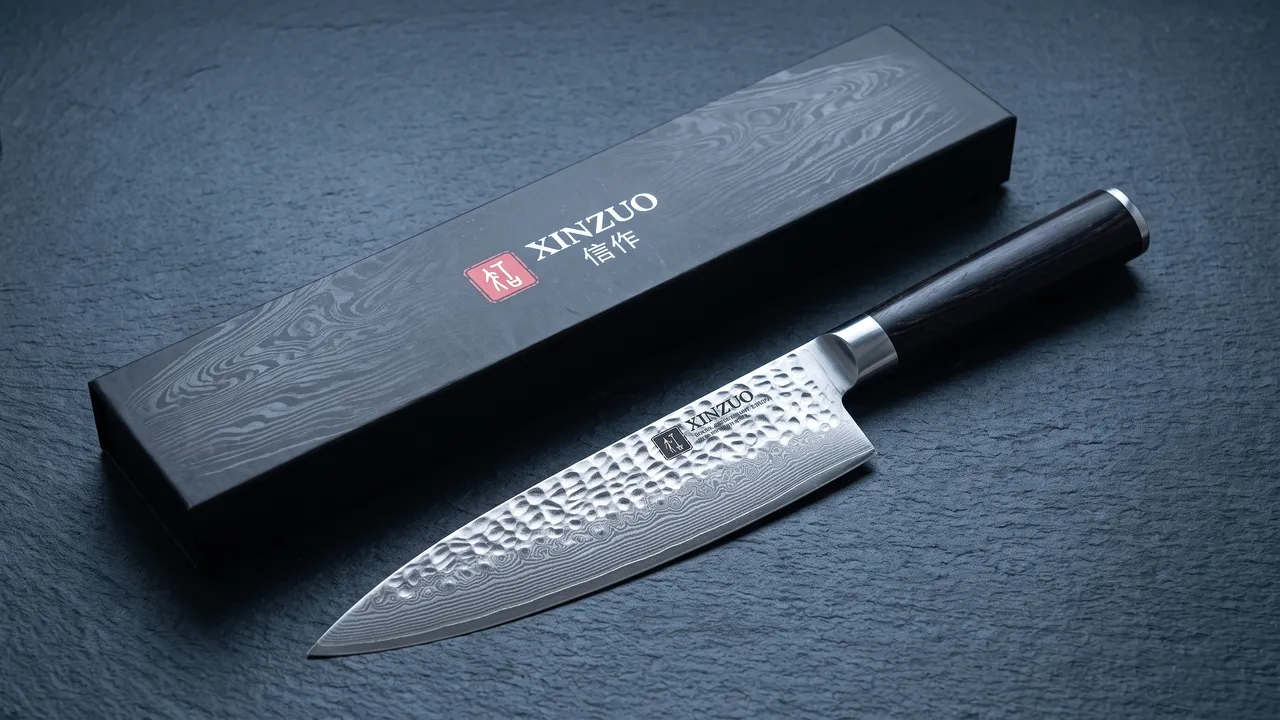 Cuchillo de chef XINZUO He junto a su caja negra con el sello rojo de la marca