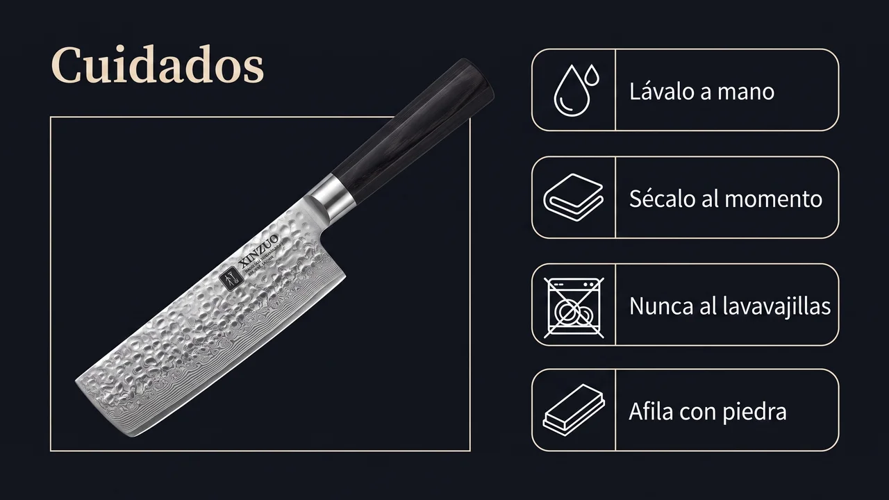 Cuidados del nakiri XINZUO He: lavado a mano, secado inmediato, nunca al lavavajillas y afilado con piedra