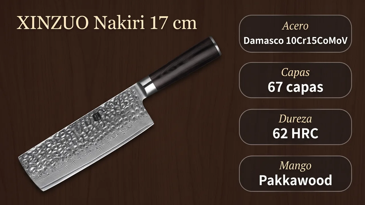 Ficha tecnica del nakiri XINZUO He: damasco 10Cr15CoMoV de 67 capas, 62 HRC y mango de pakkawood