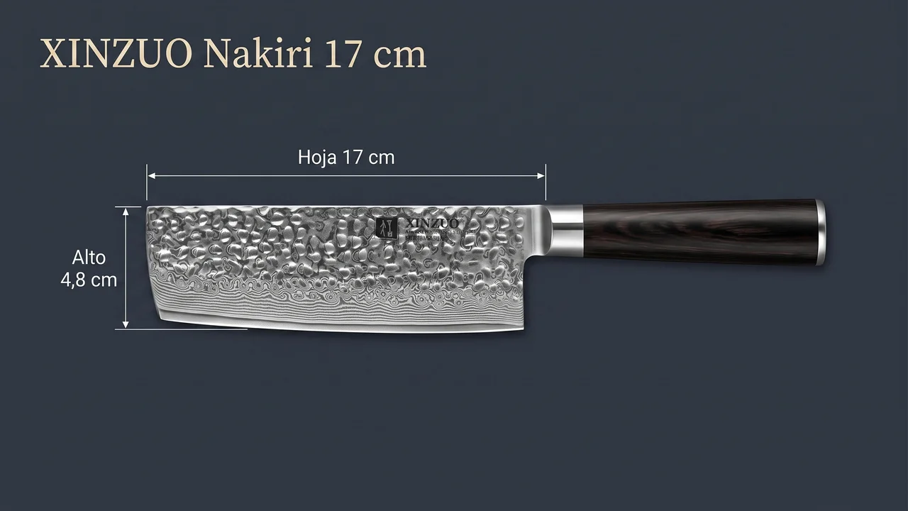 Medidas del nakiri XINZUO He: hoja de 17 cm de filo recto para cortar verdura