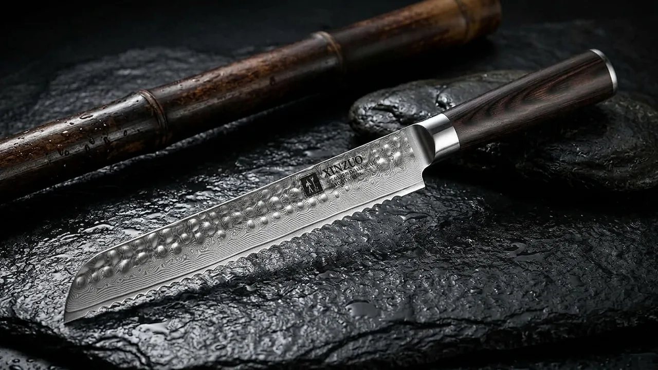 XINZUO Cuchillo de Pan 20cm Acero Damasco, He Serie