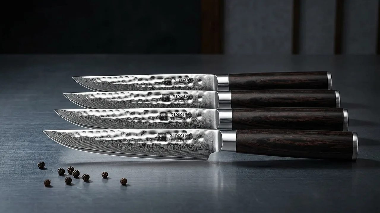 XINZUO Set 4 Cuchillos de Carne Damasco 12,4cm, He Serie
