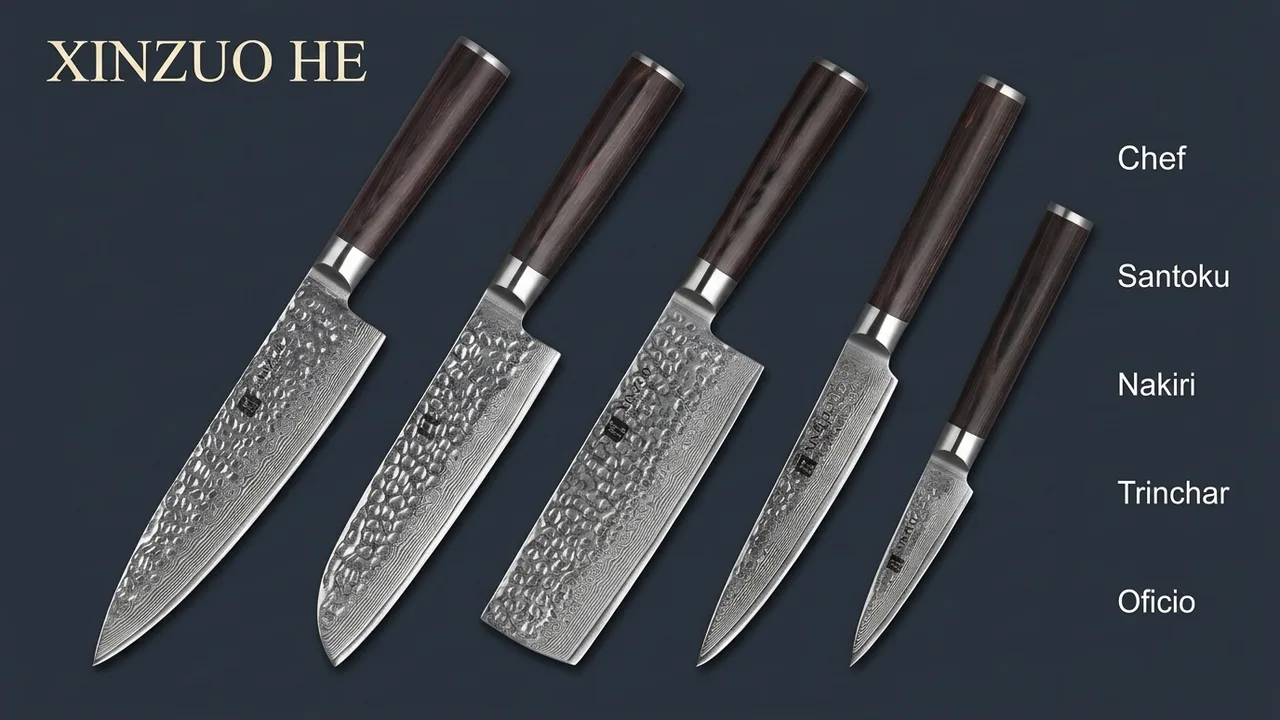 Los cinco cuchillos del juego XINZUO HE: chef, santoku, nakiri, trinchar y oficio en damasco martillado