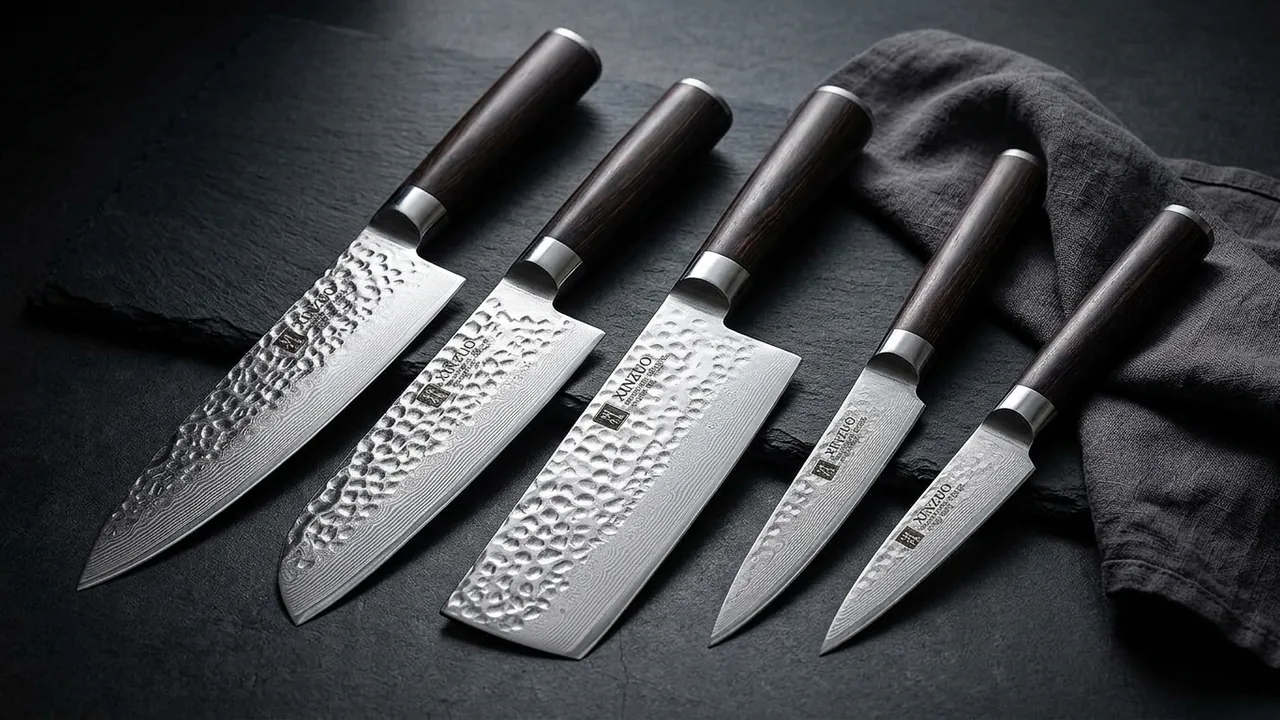 XINZUO Set 5 Cuchillos Cocina Acero Damasco 67 Capas, He Serie