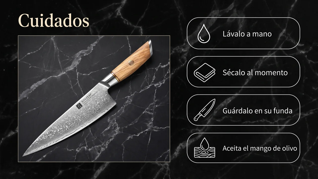 Cuidados del XINZUO Lan chef: lavado a mano, secado inmediato, guardado protegido y aceitado del mango de olivo