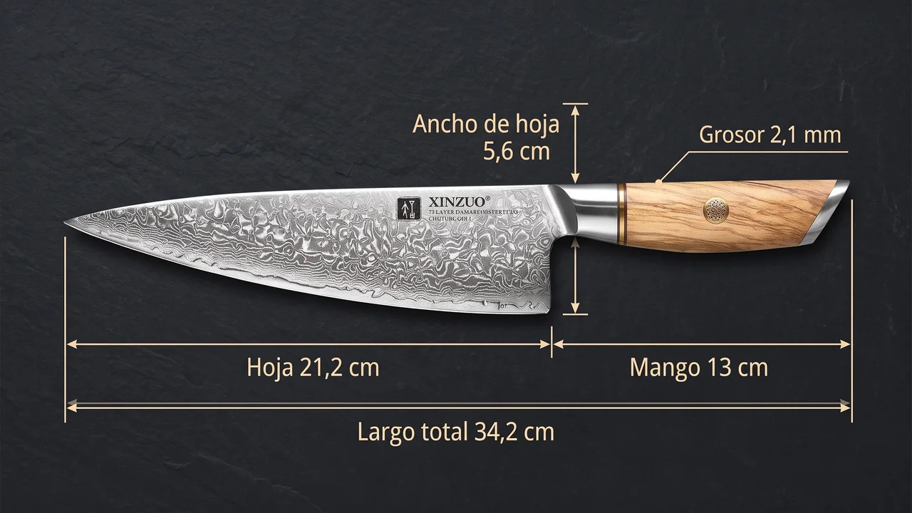 Medidas del XINZUO Lan chef: hoja de 21,2 cm, largo total de 34,2 cm, mango de 13 cm y grosor de 2,1 mm