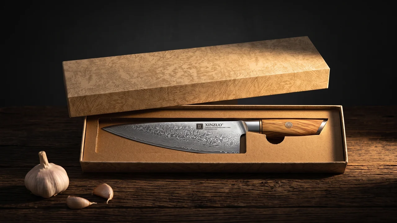 Caja de regalo del XINZUO Lan chef de 21,2 cm abierta, con el cuchillo de damasco dentro de su cuna de cartón