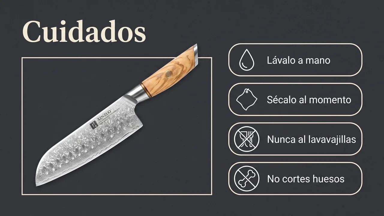 Cuidados del santoku XINZUO Lan: lavado a mano, secado inmediato, nunca al lavavajillas y sin cortar huesos
