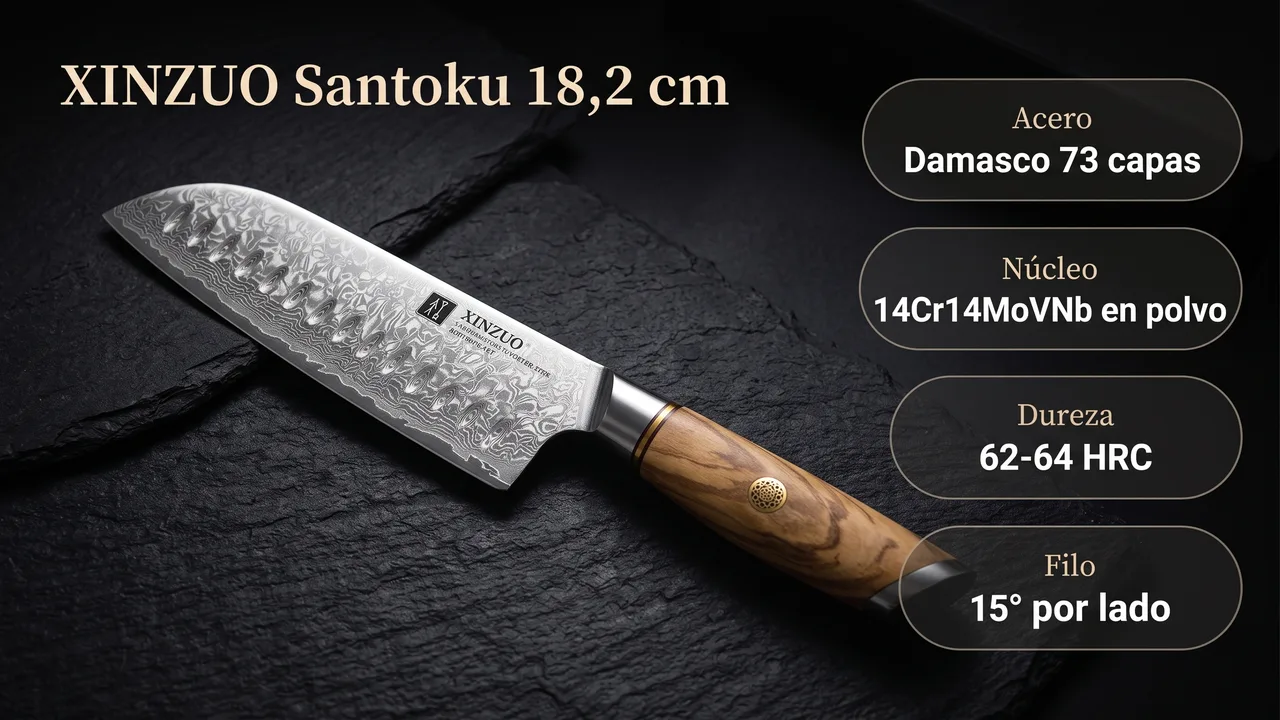 Datos del santoku XINZUO Lan: damasco real de 73 capas, núcleo de acero en polvo 14Cr14MoVNb, 62-64 HRC y filo a 15 grados por lado