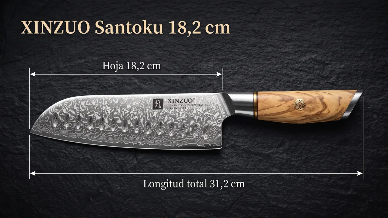 Santoku XINZUO Lan acotado: hoja de 18,2 cm medida de la punta a la virola y 31,2 cm de longitud total