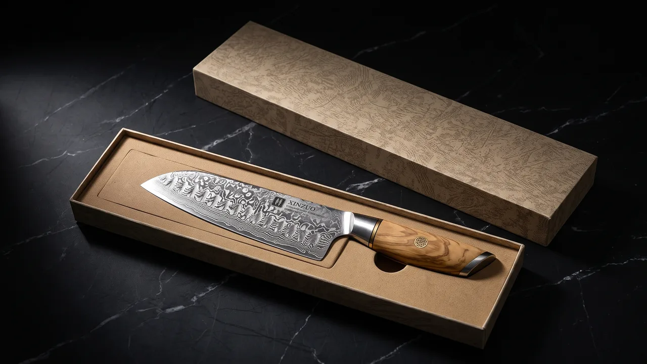 Santoku XINZUO Lan de 18,2 cm dentro de su caja de regalo de cartón kraft abierta, encajado en su hueco troquelado