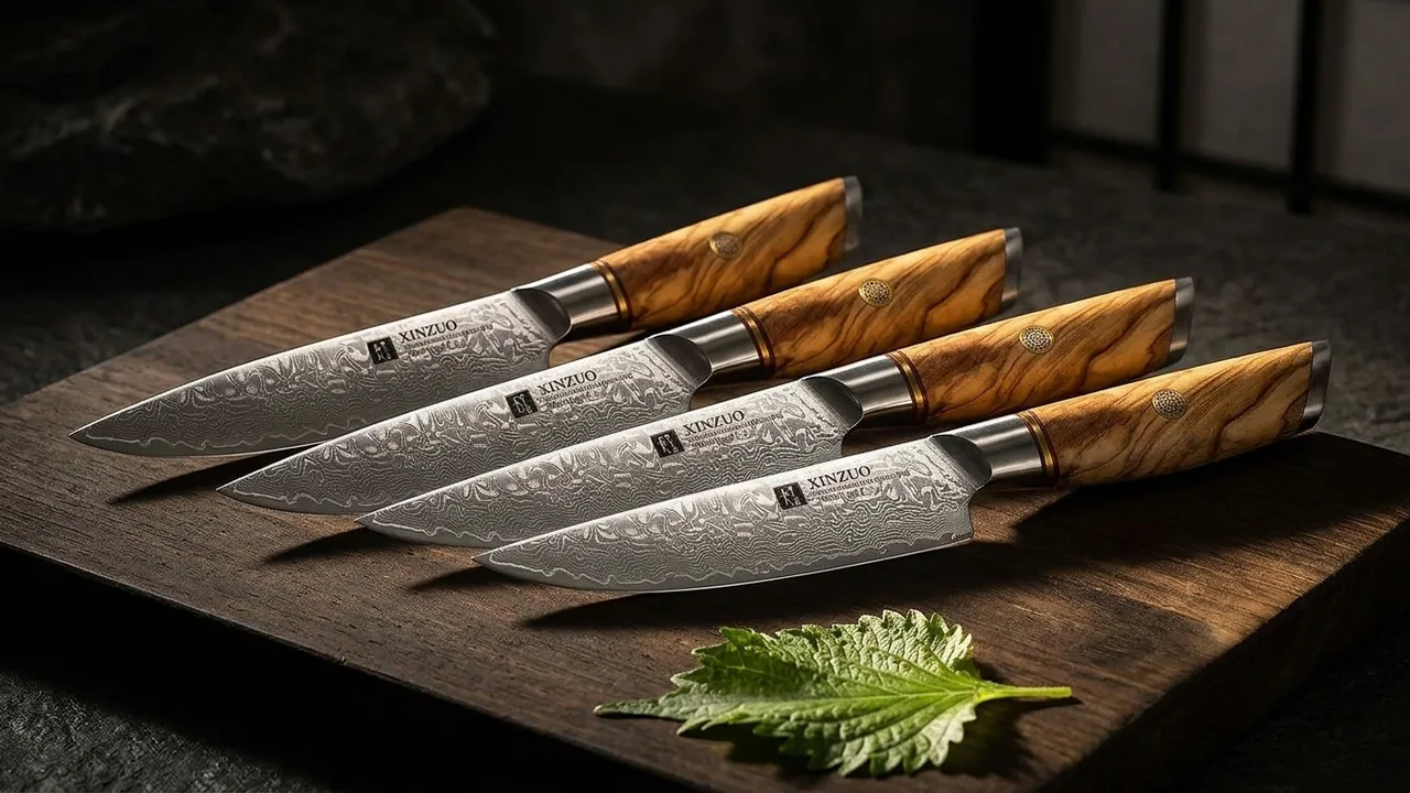 XINZUO Set 4 Cuchillos de Carne Damasco 73 Capas Acero en Polvo, Lan Serie