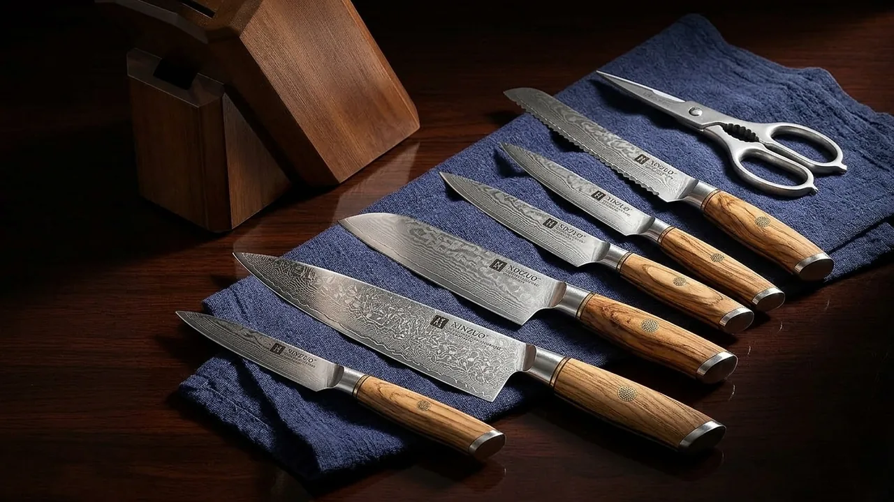 XINZUO Set 8 Piezas Cuchillos Damasco 73 Capas Acero en Polvo, Mango Olivo