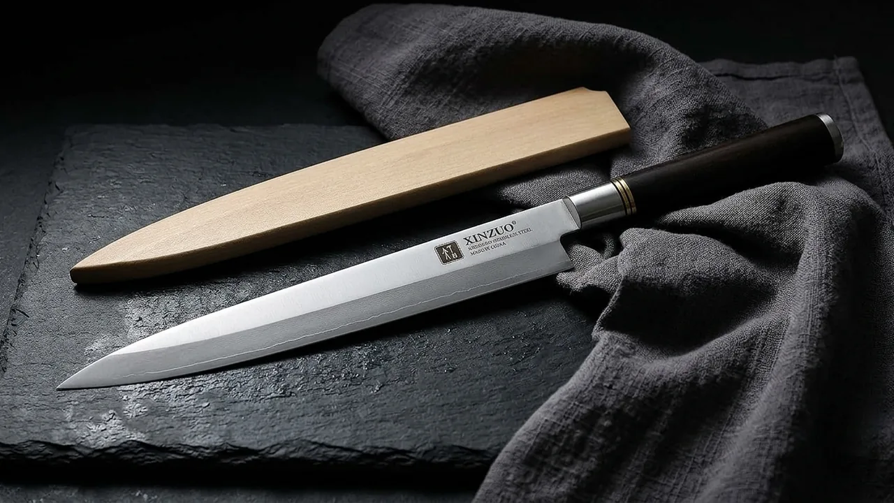 XINZUO Cuchillo Yanagiba Sashimi 30cm Acero Inox X7Cr17MoV Filo Único, con Vaina