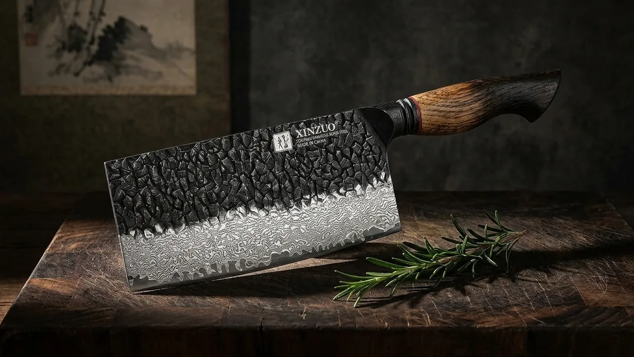 XINZUO Cuchillo Carnicero Chino 18,5cm Damasco 67 Capas Mango Roble Blanco Vintage Art