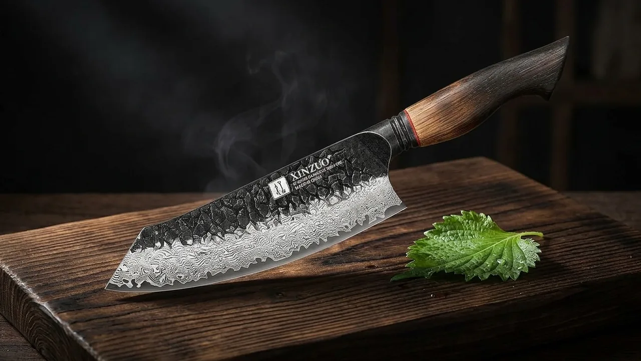XINZUO Cuchillo Santoku 19,3cm Damasco 67 Capas Patrón Martillado Mango Roble Blanco Vintage Art