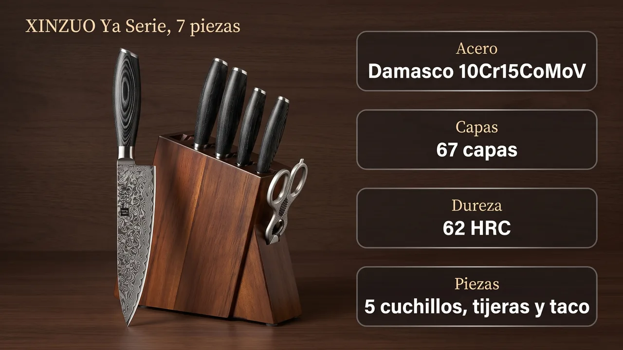 Ficha tecnica del juego XINZUO Ya: damasco 10Cr15CoMoV de 67 capas, 62 HRC y siete piezas con taco