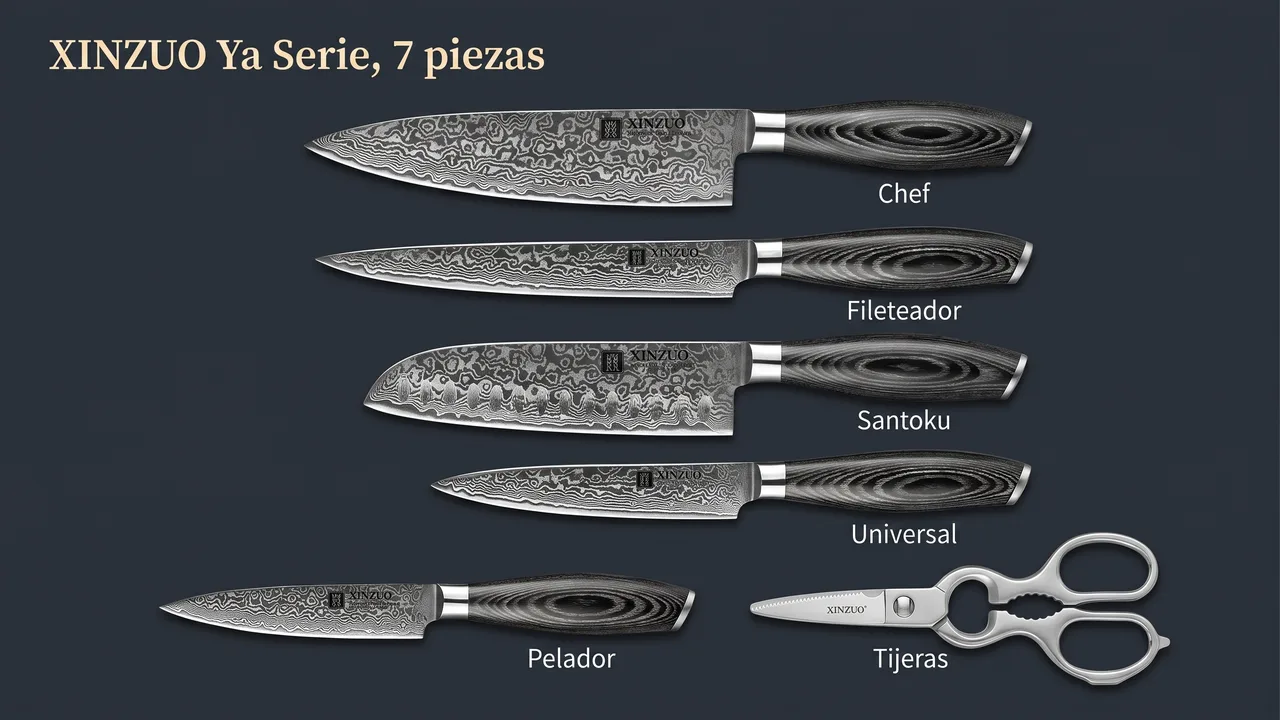Las seis piezas del juego XINZUO Ya fuera del taco: chef, fileteador, santoku, universal, pelador y tijeras