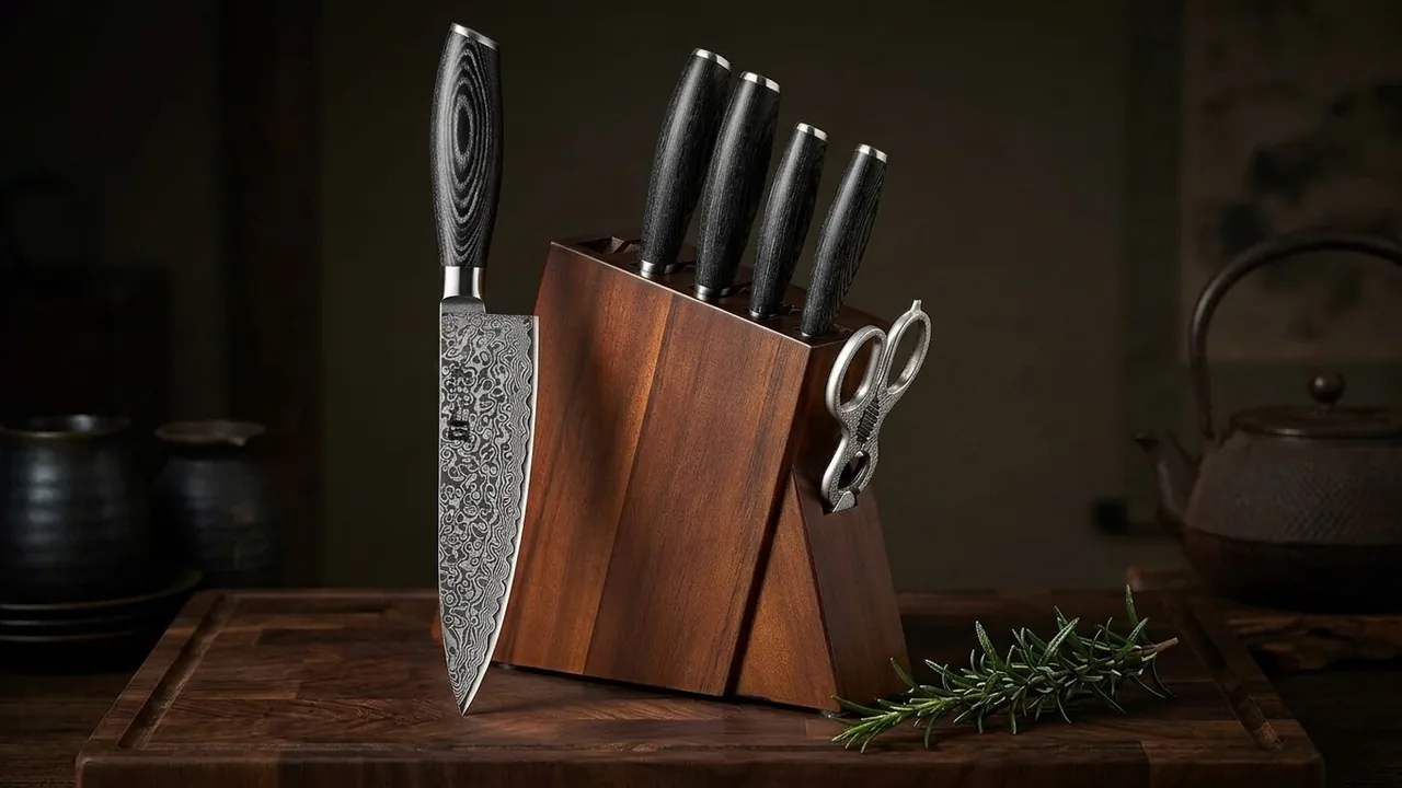 XINZUO Set 7 Piezas Cuchillos Damasco con Bloque Madera, Ya Serie
