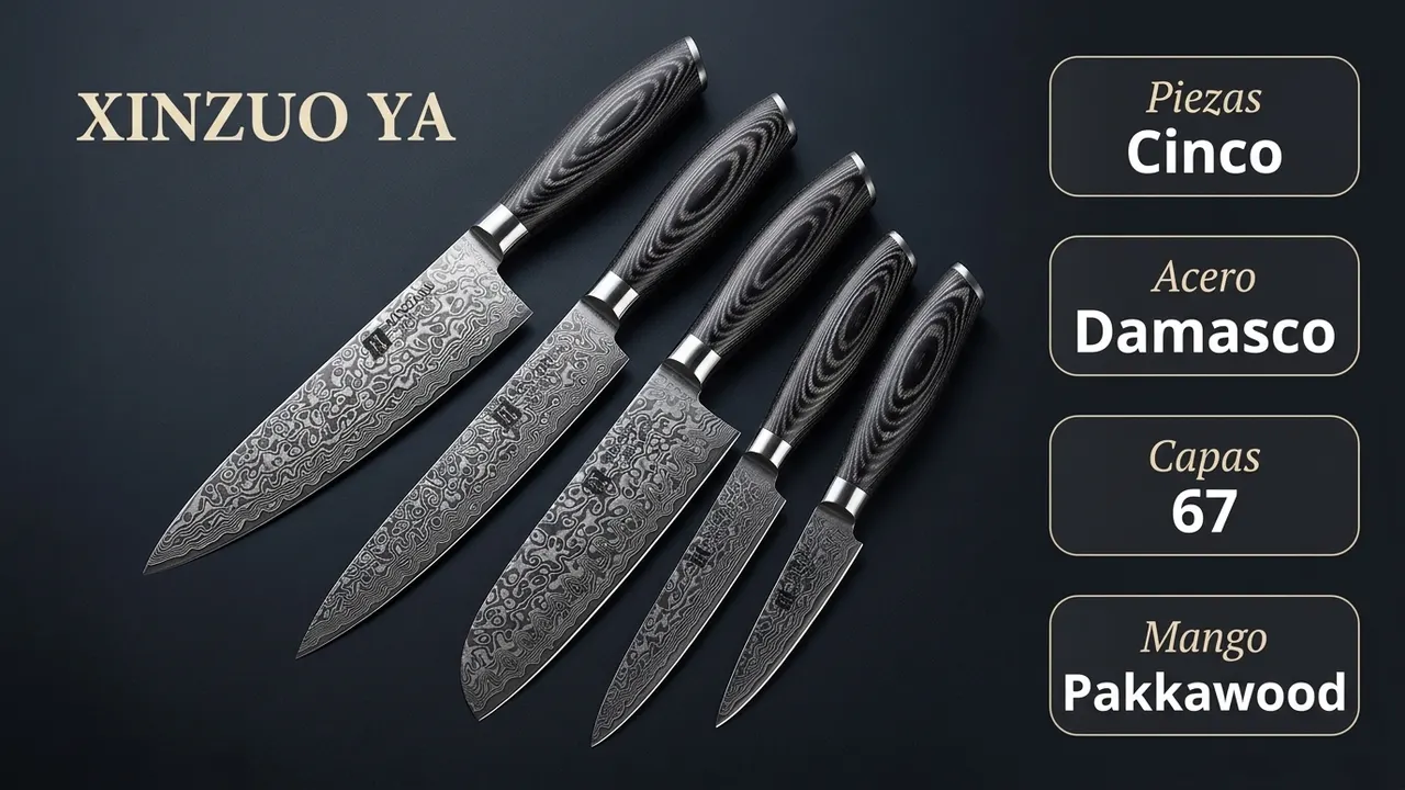 Datos del juego XINZUO YA de cinco piezas: acero damasco de 67 capas y mango de pakkawood gris