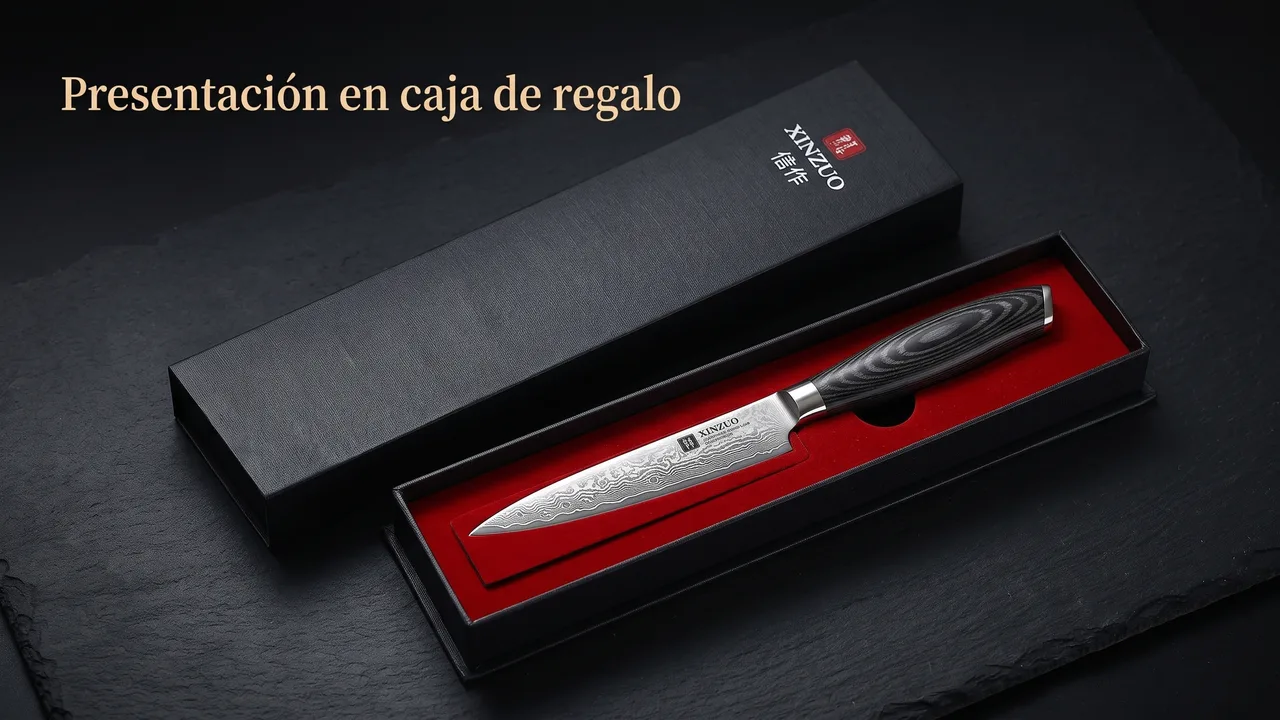 Cuchillo universal XINZUO Ya de 12,6 cm en su caja de regalo negra con interior rojo