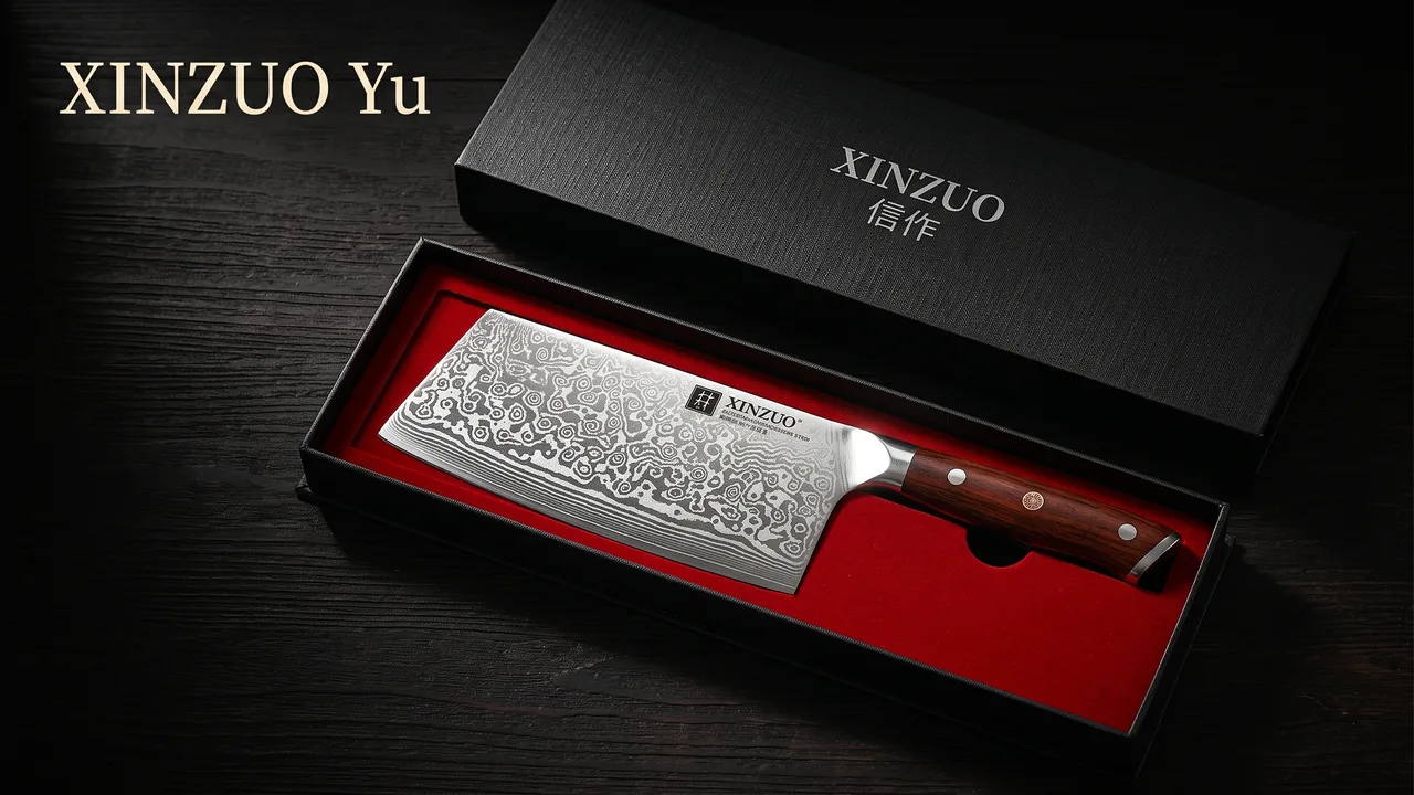 Estuche de regalo del XINZUO Yu de 18 cm abierto, con el cuchillo chino de damasco sobre el forro rojo