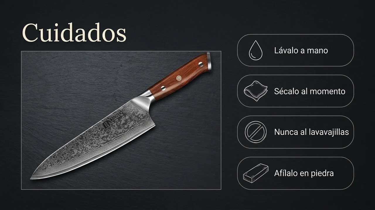 Cuidados del cocinero XINZUO YU de damasco: lavar a mano, secar al momento, nunca al lavavajillas y afilar en piedra