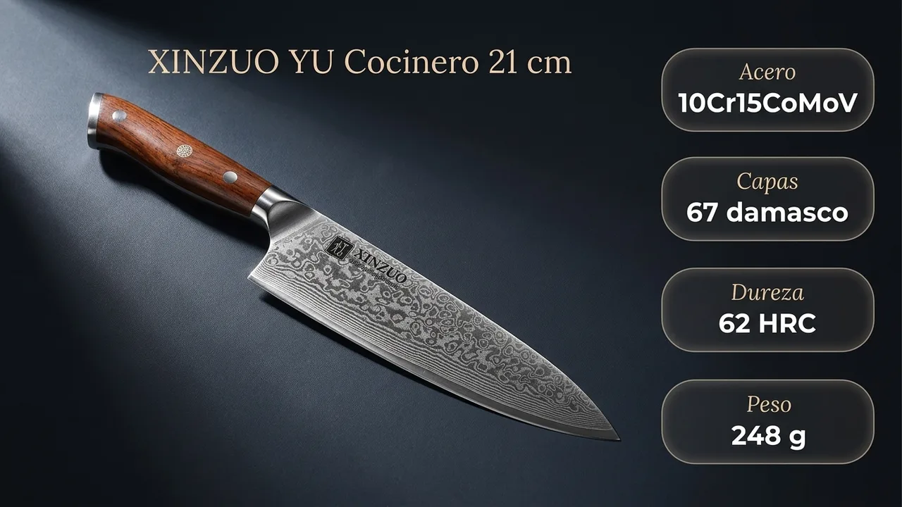 Datos del cocinero XINZUO YU: acero 10Cr15CoMoV de 67 capas, 62 HRC y 248 gramos