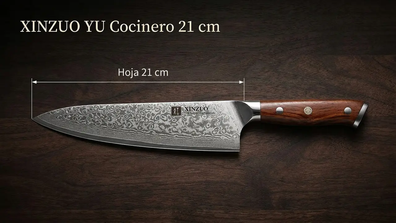 Cuchillo de cocinero XINZUO YU acotado: hoja de damasco de 21 cm y mango de palisandro