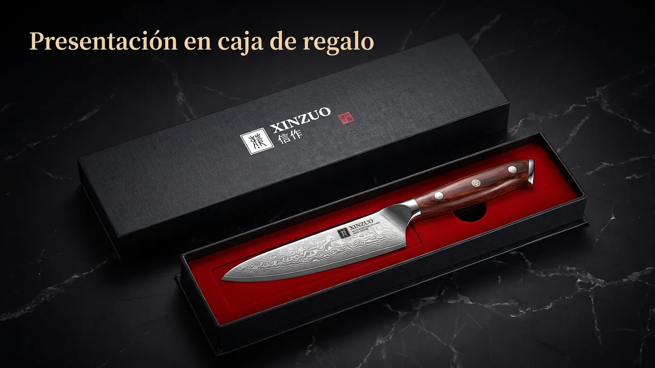 Cuchillo universal XINZUO Yu de 13,3 cm en su caja de regalo negra con interior rojo