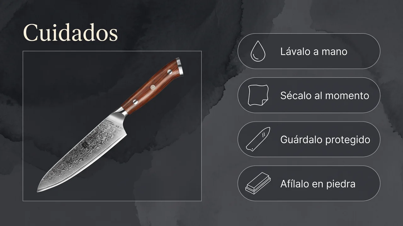 Cuidados del XINZUO Yu universal: lavado a mano, secado inmediato, guardado protegido y afilado en piedra
