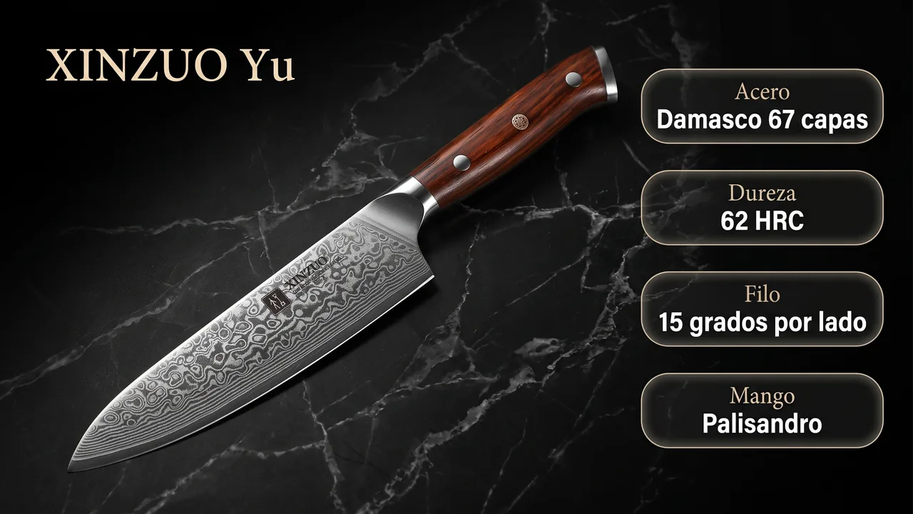 Ficha tecnica del XINZUO Yu universal: damasco de 67 capas, 62 HRC, filo a 15 grados y mango de palisandro
