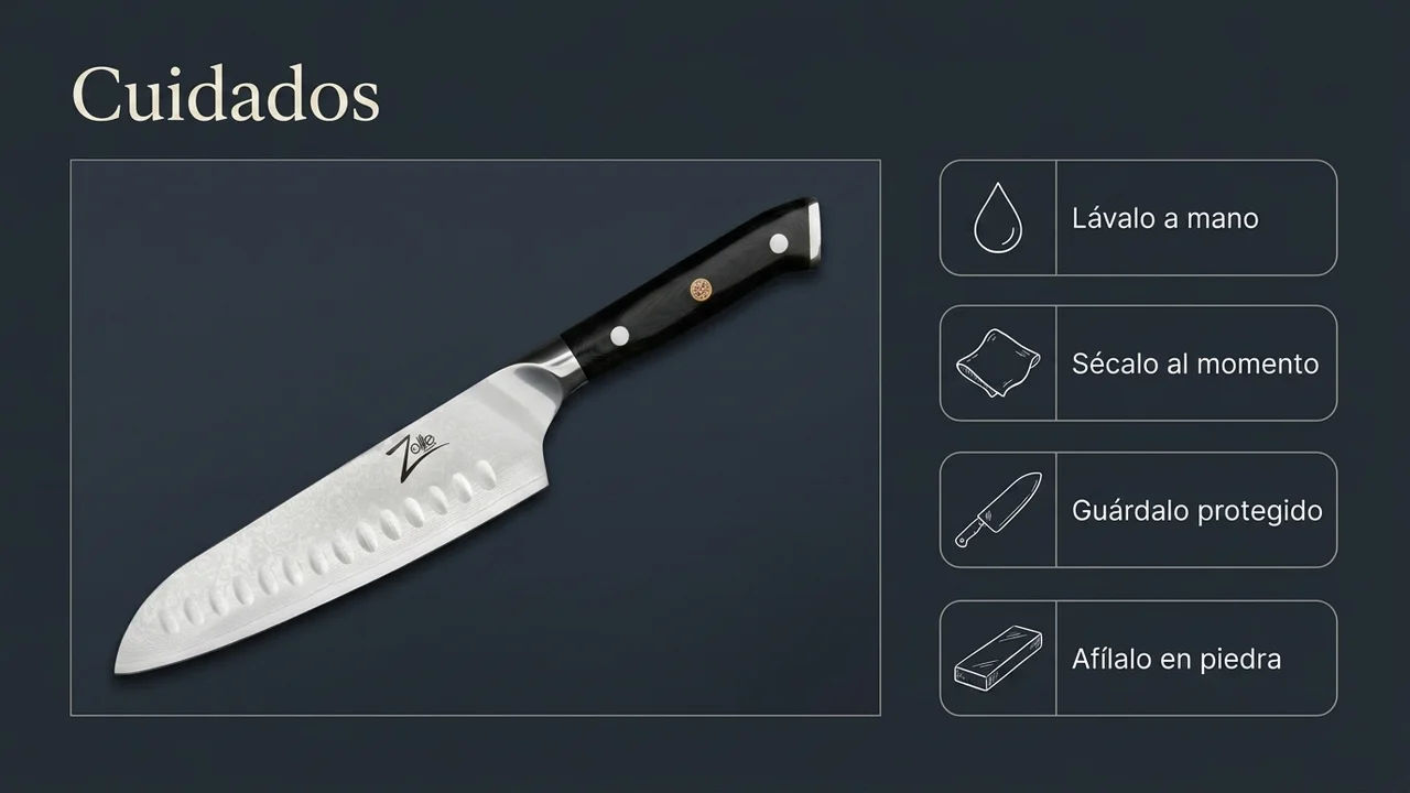 Cuidados del santoku Zelite Alpha Royal: lavar a mano, secar al momento, guardar protegido y afilar en piedra