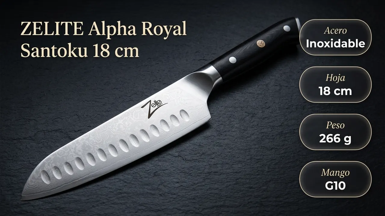 Datos del santoku Zelite Alpha Royal: acero inoxidable, hoja de 18 cm, 266 gramos y mango de G10