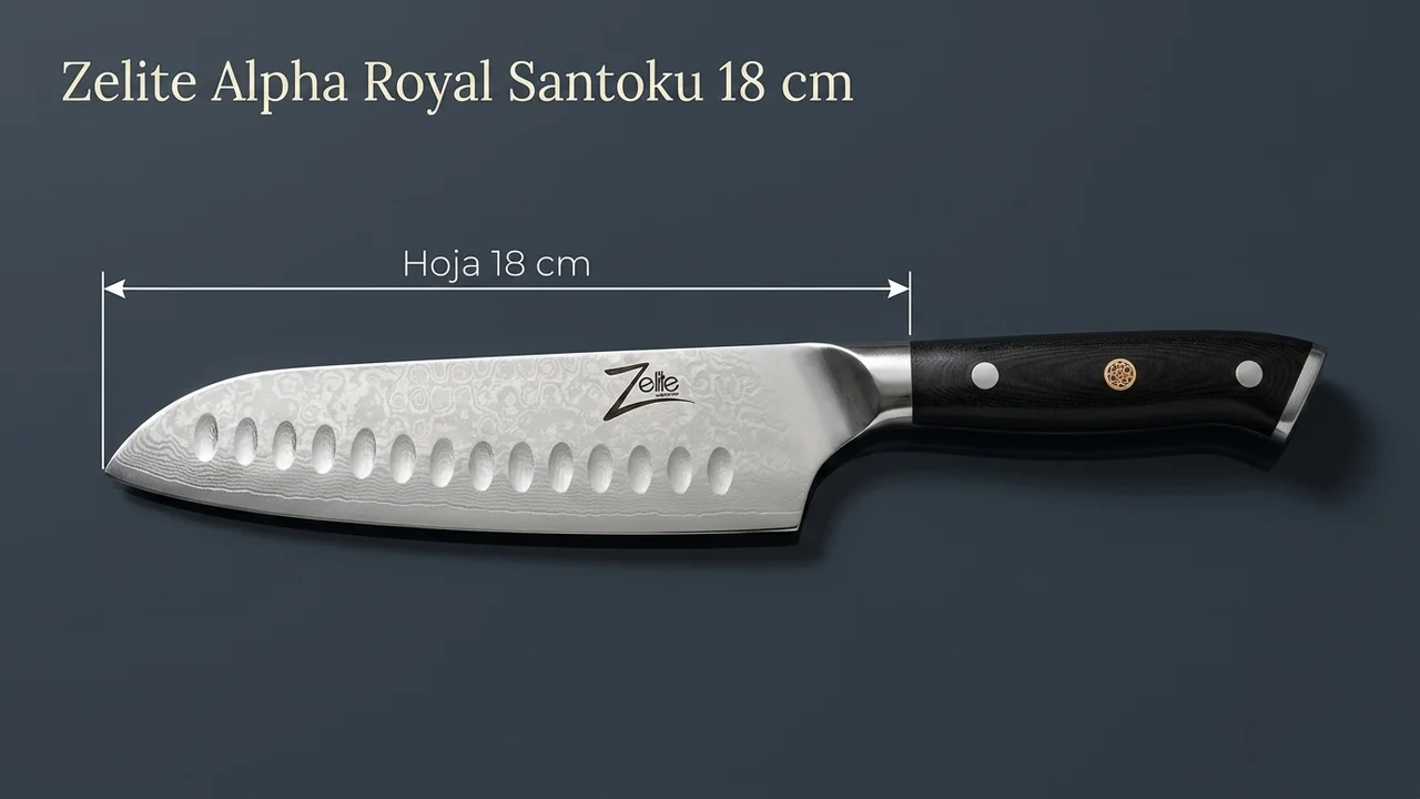 Santoku Zelite Alpha Royal acotado: hoja alveolada de 18 cm y mango negro de G10 con remaches