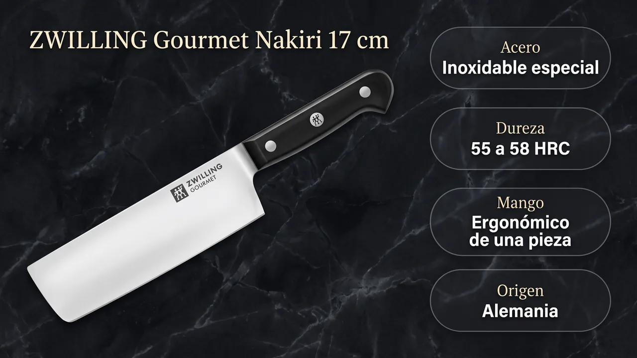 Ficha tecnica del nakiri ZWILLING Gourmet: acero inoxidable especial, 55 a 58 HRC y mango ergonomico de una pieza